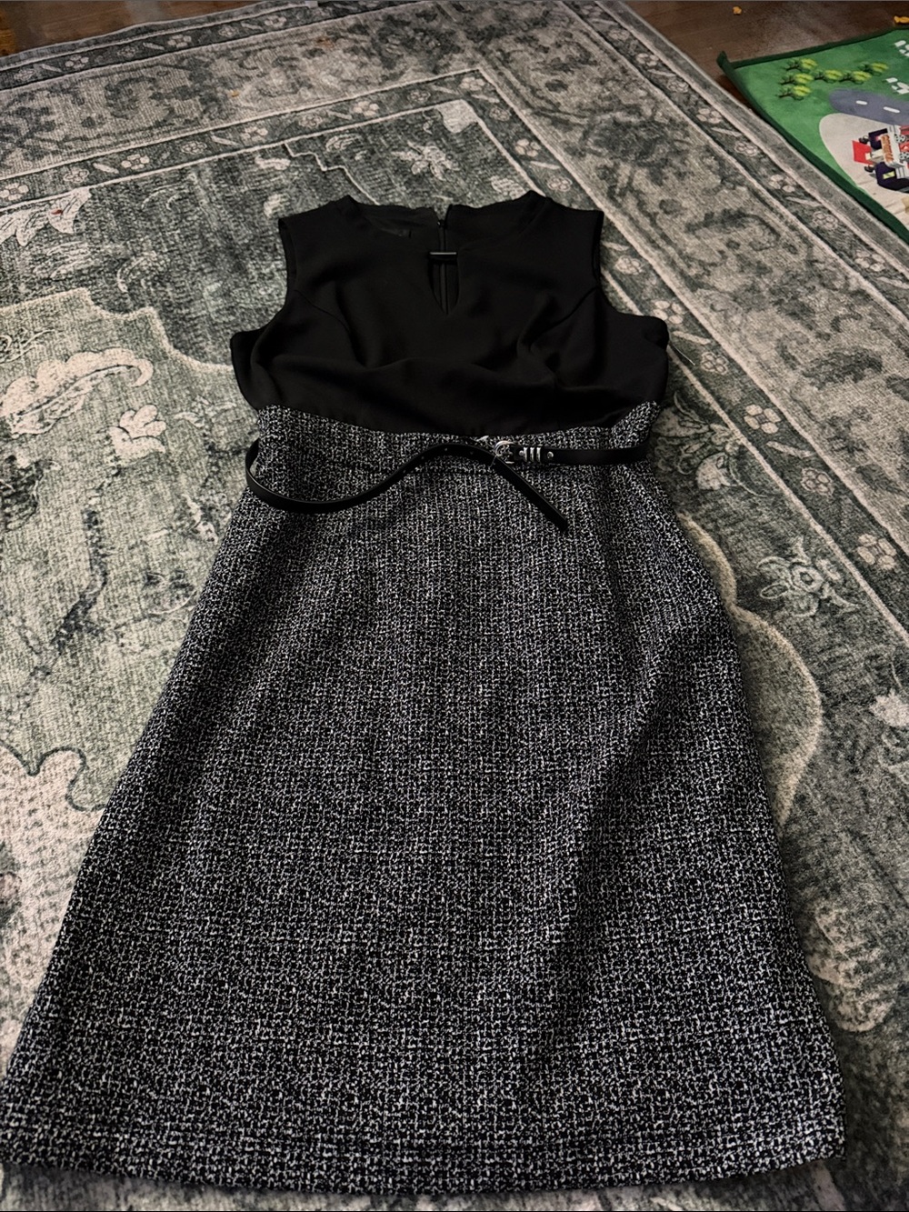 Alyx Black and Gray Tweed Midi Sheath Dress with Belt